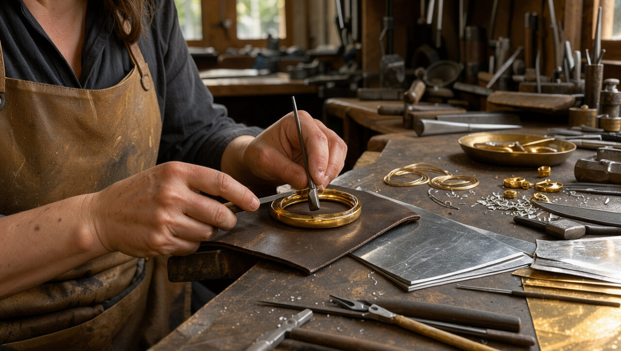 Artisane façonnant délicatement une pièce en vermeil dans un atelier de métallurgie aux reflets dorés.