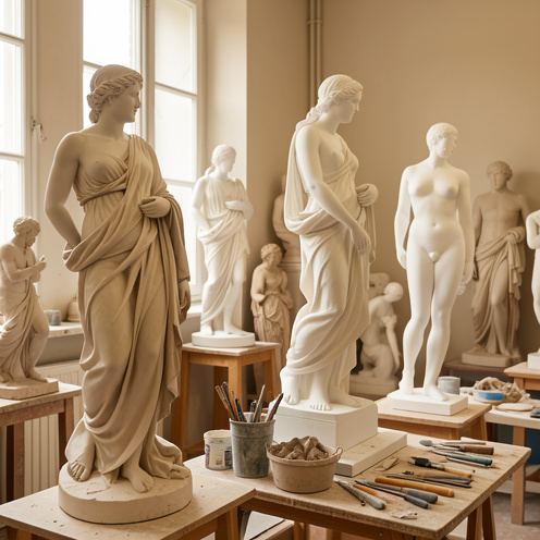Atelier de sculpture lumineux présentant plusieurs œuvres en argile et en plâtre, centrées sur l’étude des plis et du drapé.